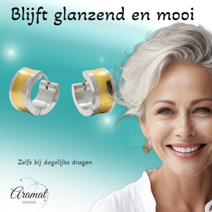 Oorringen – Bicolor RVS met Brede Goudkleurige Streep (13mm) - Aramat Jewels - Oorringen - cadeautip