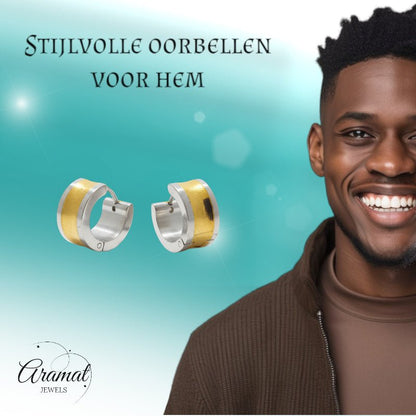 Oorringen – Bicolor RVS met Brede Goudkleurige Streep (13mm) - Aramat Jewels - Oorringen - cadeautip
