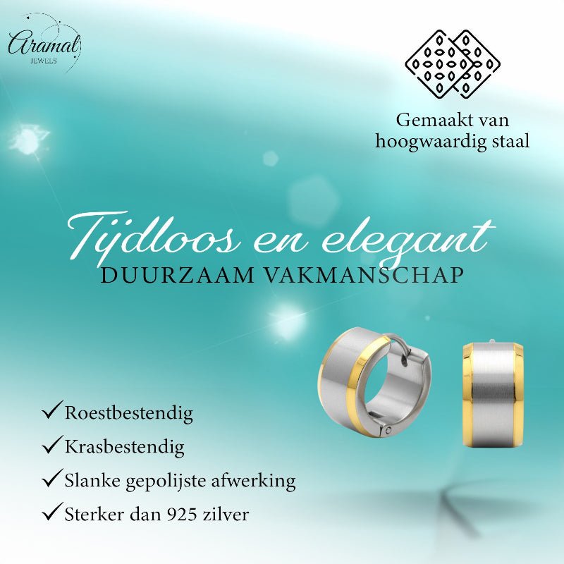 Oorringen – Bicolor RVS met Brede Zilverkleurige Streep (13mm) - Aramat Jewels - Oorringen - cadeautip
