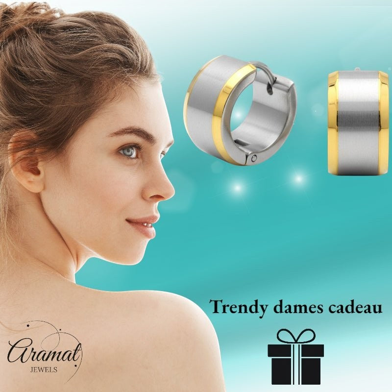 Oorringen – Bicolor RVS met Brede Zilverkleurige Streep (13mm) - Aramat Jewels - Oorringen - cadeautip