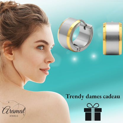 Oorringen – Bicolor RVS met Brede Zilverkleurige Streep (13mm) - Aramat Jewels - Oorringen - cadeautip