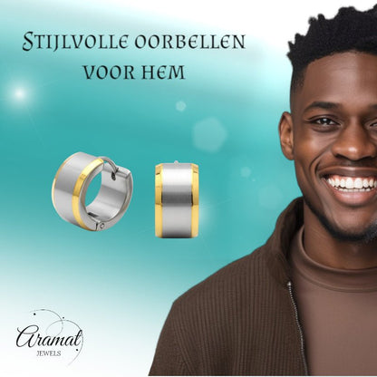 Oorringen – Bicolor RVS met Brede Zilverkleurige Streep (13mm) - Aramat Jewels - Oorringen - cadeautip