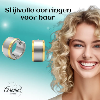 Oorringen – Bicolor RVS met Brede Zilverkleurige Streep (13mm) - Aramat Jewels - Oorringen - cadeautip