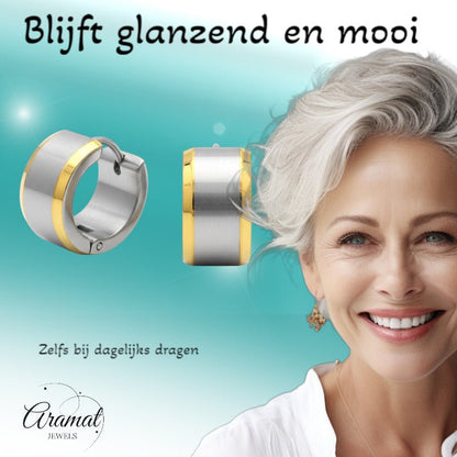 Oorringen – Bicolor RVS met Brede Zilverkleurige Streep (13mm) - Aramat Jewels - Oorringen - cadeautip
