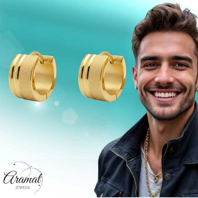 Oorringen – Goudkleurig RVS Sandblasted & Glanzende Strepen (13x7mm) - Aramat Jewels - Oorringen - cadeautip