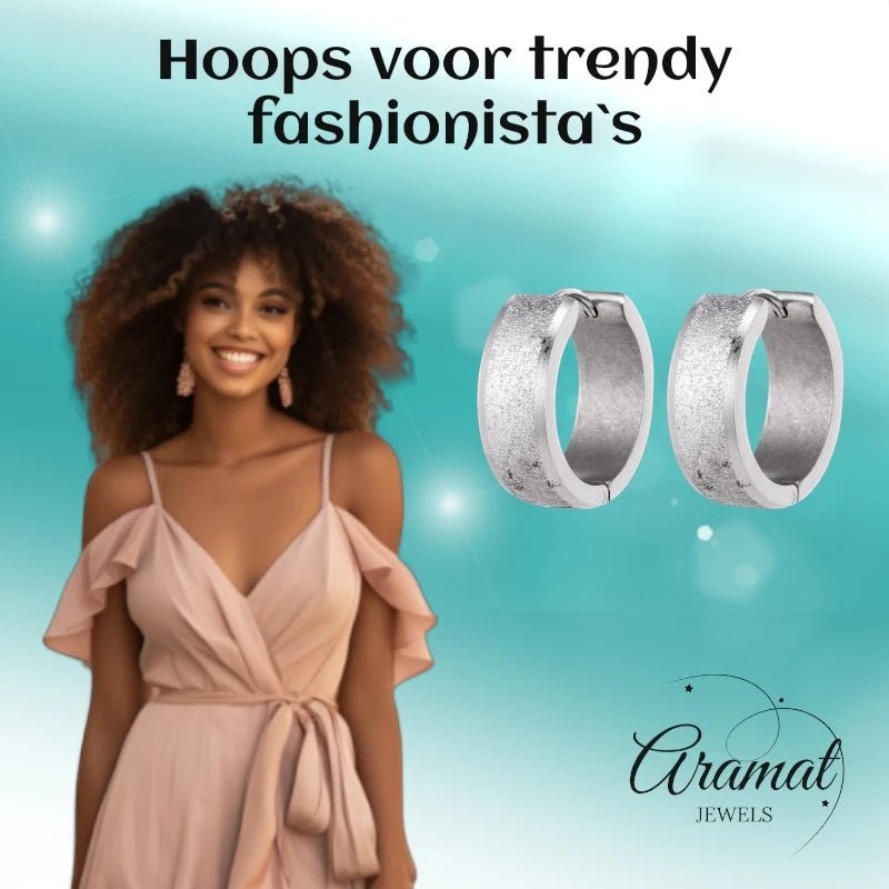 Oorringen – Huggie RVS 20mm Sandblasted Zilverkleur - Aramat Jewels - Oorringen - cadeautip