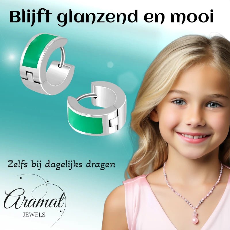 Oorringen kind – Staal Emaille Streep Groen Zilverkleur (10mm) - Aramat Jewels - Oorringen - cadeautip