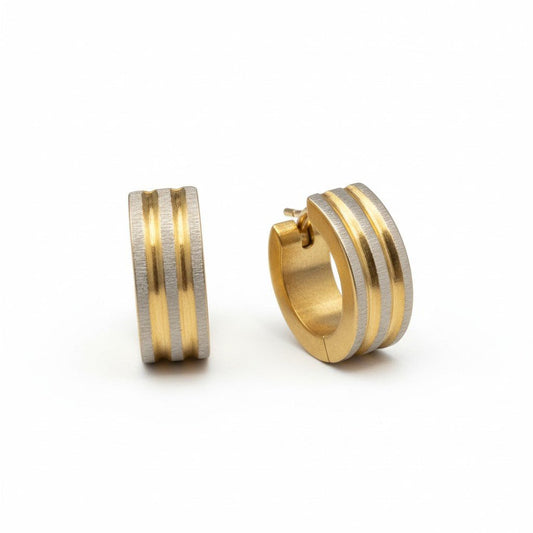 Oorringen – Mat Bicolor RVS Drie Strepen Zilver/Goud (13x4mm) - Aramat Jewels - Oorringen - cadeautip