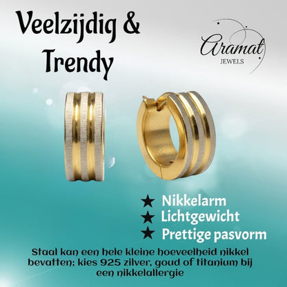 Oorringen – Mat Bicolor RVS Drie Strepen Zilver/Goud (13x4mm) - Aramat Jewels - Oorringen - cadeautip