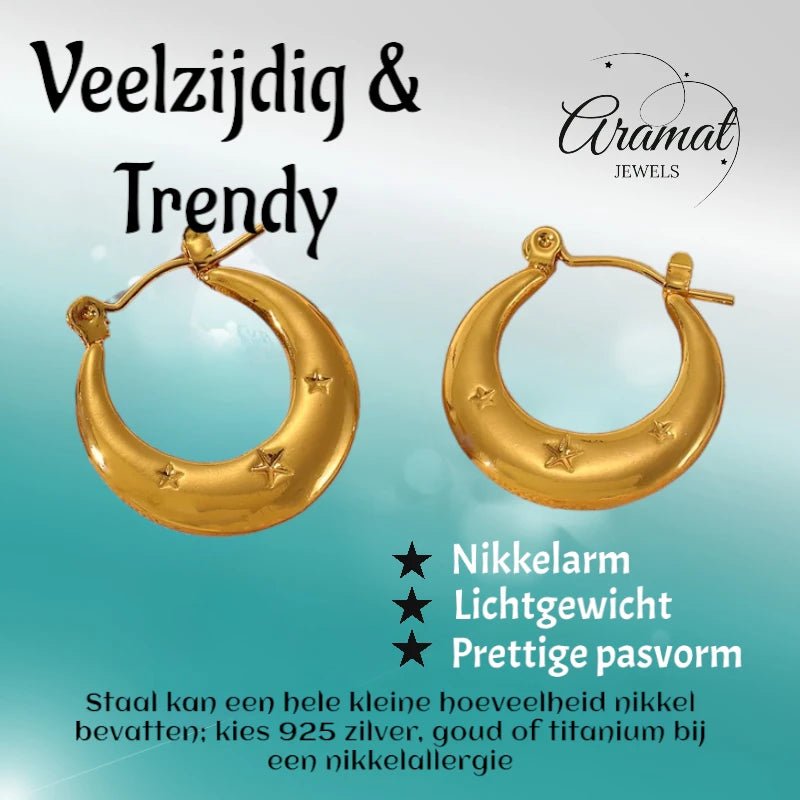 Oorringen met sterren - goudkleurig - rvs - 22x20mm - oor6403 - 789977 - Oorringen kopen# - 22mm - alles - cadeau