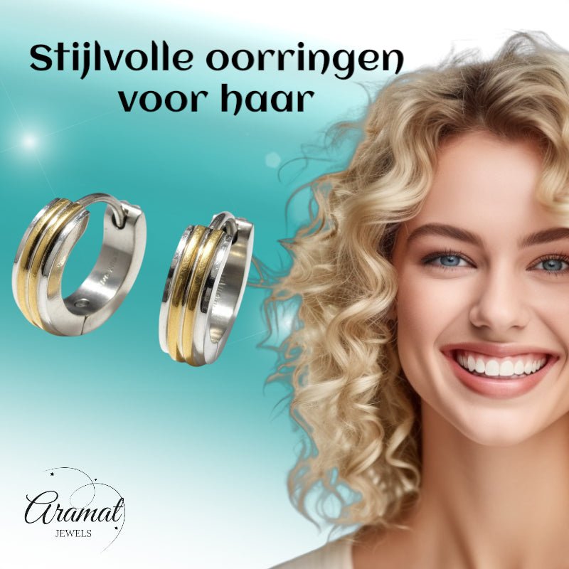 Oorringen – Smalle Bicolor RVS Zilver/Goud Streepjes (13x4mm) - Aramat Jewels - Oorringen - cadeautip