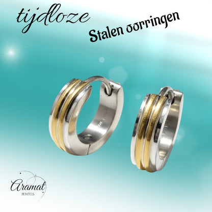 Oorringen – Smalle Bicolor RVS Zilver/Goud Streepjes (13x4mm) - Aramat Jewels - Oorringen - cadeautip