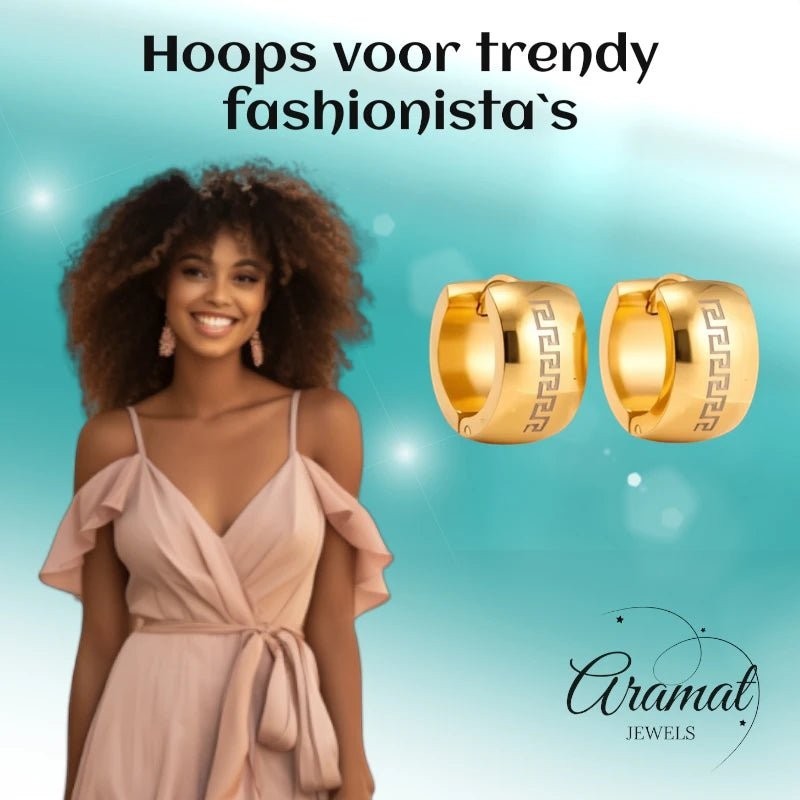 Oorringen – Staal Grieks Motief Goudkleurig (13mm) - Aramat Jewels - Oorringen - cadeautip
