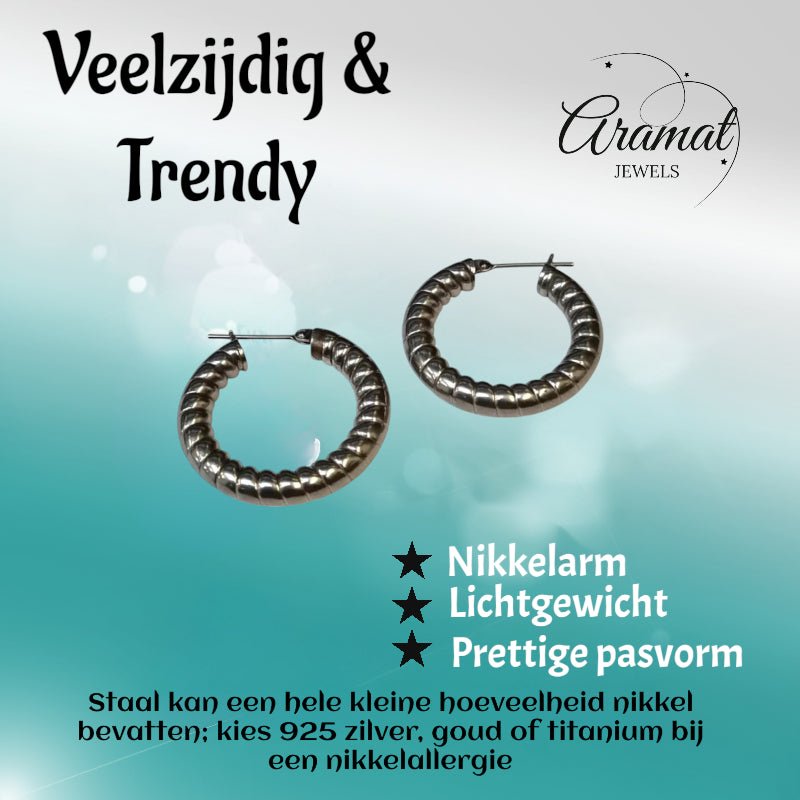 Oorringen – Staal Hol Streep Motief Zilverkleurig (30mm) - Aramat Jewels - Oorringen - cadeautip