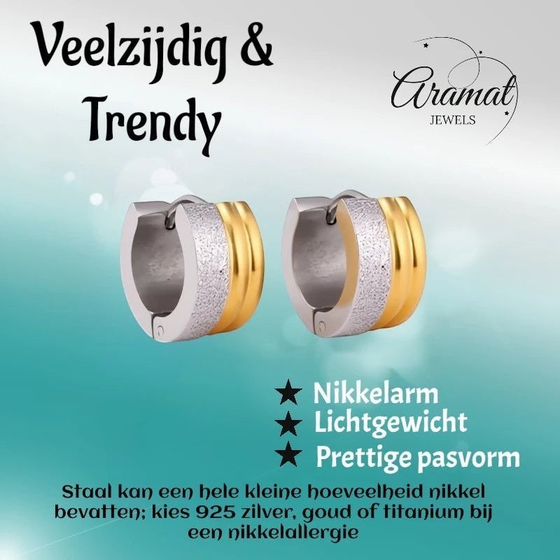 Oorringen – Staal Huggies Bicolor Strepen (13mm) - Aramat Jewels - Oorringen - cadeautip