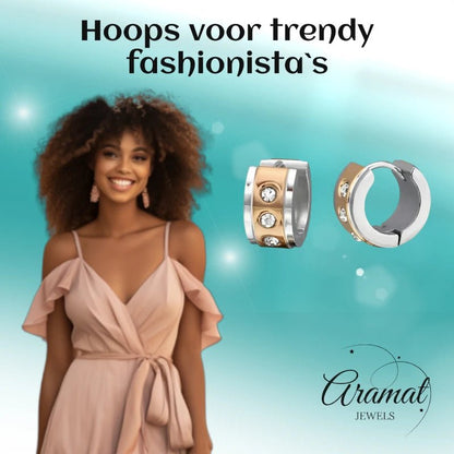 Oorringen – Staal Huggies Zirkonia Bicolor (13mm) - Aramat Jewels - Oorringen - cadeautip