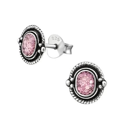 Oorstekers – 925 Zilver Bali Oorbellen Ovaal Roze Glitter 8x5mm Geoxideerd - Aramat Jewels - Oorbellen - cadeautip