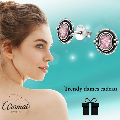 Oorstekers – 925 Zilver Bali Oorbellen Ovaal Roze Glitter 8x5mm Geoxideerd - Aramat Jewels - Oorbellen - cadeautip