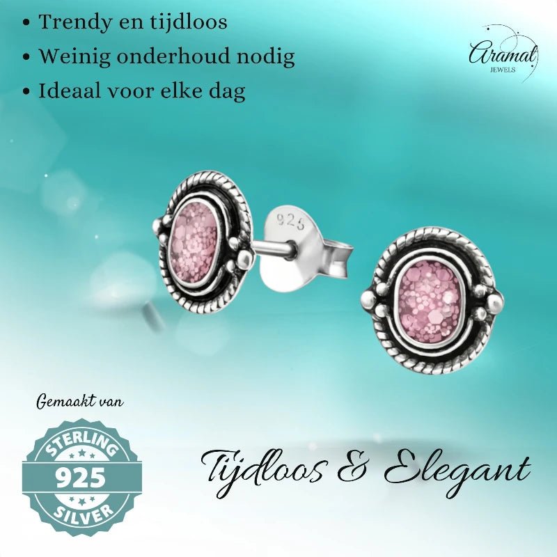 Oorstekers – 925 Zilver Bali Oorbellen Ovaal Roze Glitter 8x5mm Geoxideerd - Aramat Jewels - Oorbellen - cadeautip