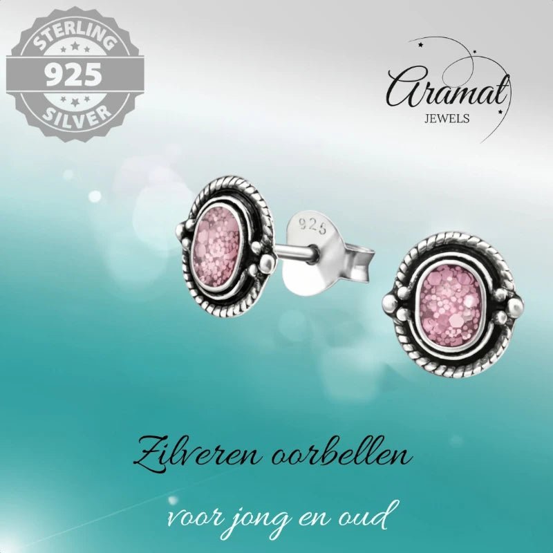 Oorstekers – 925 Zilver Bali Oorbellen Ovaal Roze Glitter 8x5mm Geoxideerd - Aramat Jewels - Oorbellen - cadeautip
