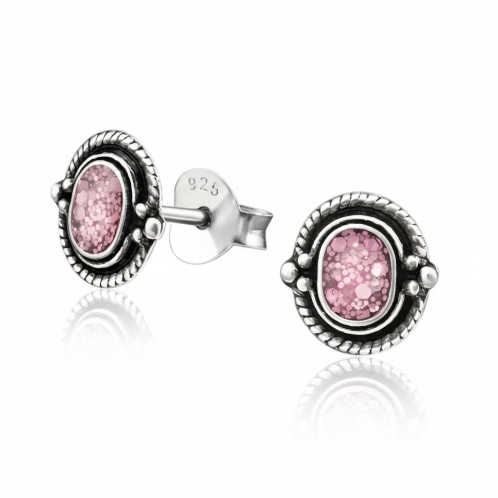 Oorstekers – 925 Zilver Bali Oorbellen Ovaal Roze Glitter 8x5mm Geoxideerd - Aramat Jewels - Oorbellen - cadeautip