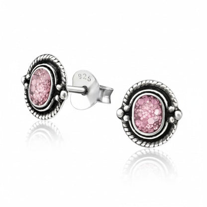 Oorstekers – 925 Zilver Bali Oorbellen Ovaal Roze Glitter 8x5mm Geoxideerd - Aramat Jewels - Oorbellen - cadeautip