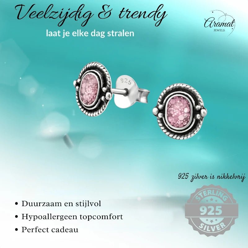 Oorstekers – 925 Zilver Bali Oorbellen Ovaal Roze Glitter 8x5mm Geoxideerd - Aramat Jewels - Oorbellen - cadeautip