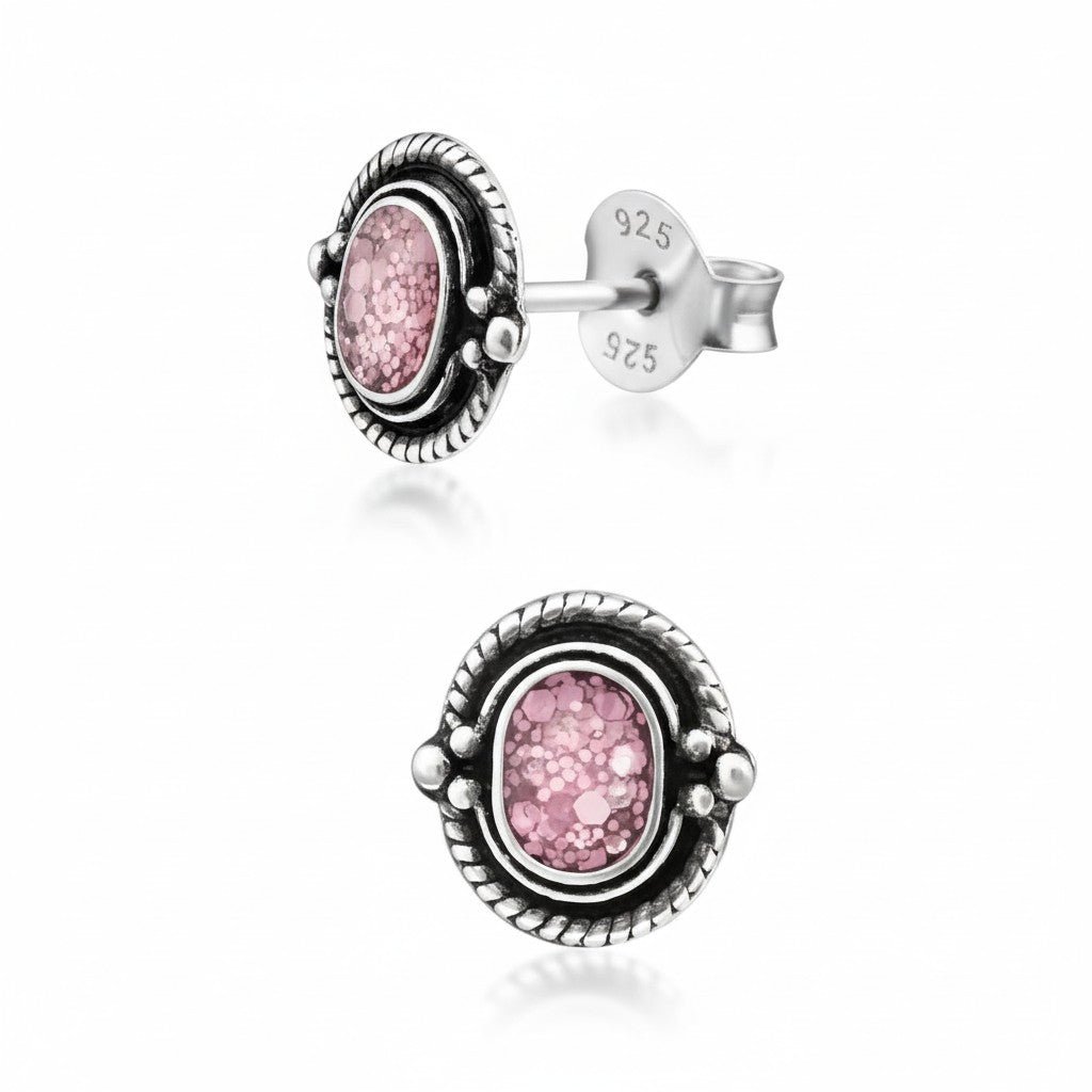 Oorstekers – 925 Zilver Bali Oorbellen Ovaal Roze Glitter 8x5mm Geoxideerd - Aramat Jewels - Oorbellen - cadeautip
