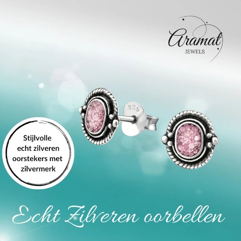 Oorstekers – 925 Zilver Bali Oorbellen Ovaal Roze Glitter 8x5mm Geoxideerd - Aramat Jewels - Oorbellen - cadeautip