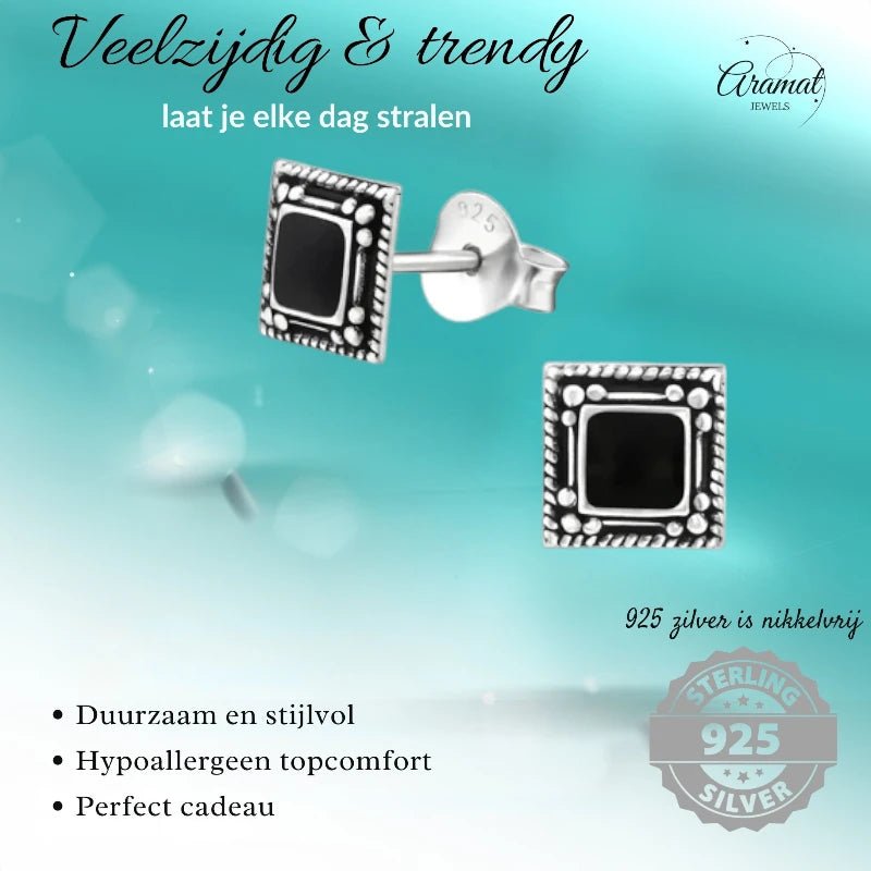 Oorstekers – 925 Zilver Bali Oorbellen Vierkant Zwart Emaille 6mm Geoxideerd - Aramat Jewels - Oorbellen - cadeautip
