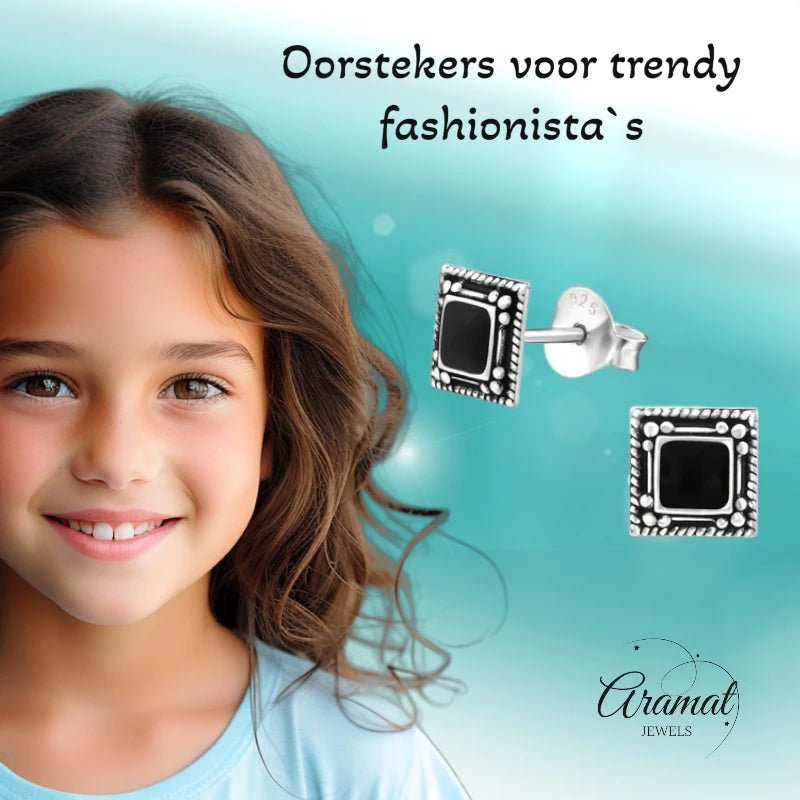 Oorstekers – 925 Zilver Bali Oorbellen Vierkant Zwart Emaille 6mm Geoxideerd - Aramat Jewels - Oorbellen - cadeautip
