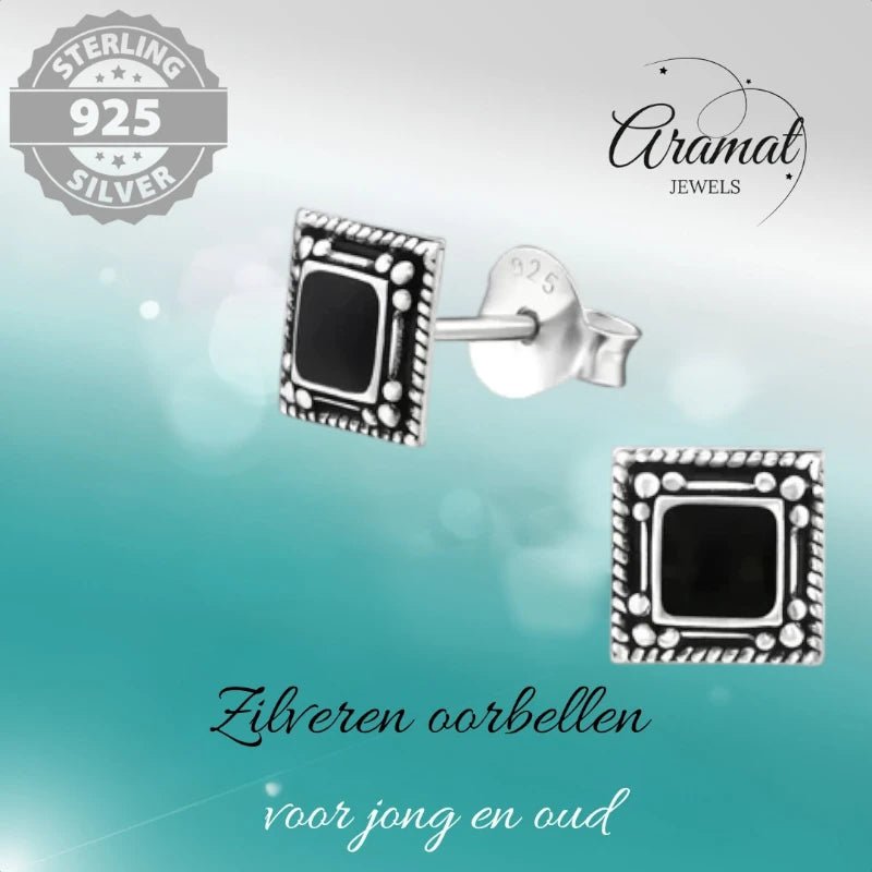 Oorstekers – 925 Zilver Bali Oorbellen Vierkant Zwart Emaille 6mm Geoxideerd - Aramat Jewels - Oorbellen - cadeautip
