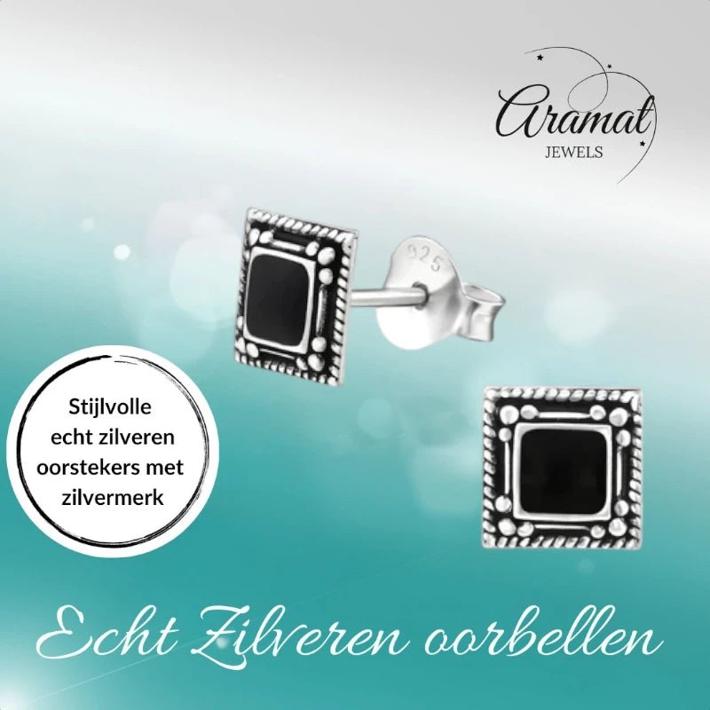Oorstekers – 925 Zilver Bali Oorbellen Vierkant Zwart Emaille 6mm Geoxideerd - Aramat Jewels - Oorbellen - cadeautip