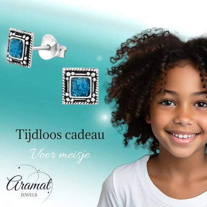 Oorstekers – Echt Zilver Bali Design Vierkant Blauw Emaille Glitter 6mm - Aramat Jewels - Oorbellen - cadeautip