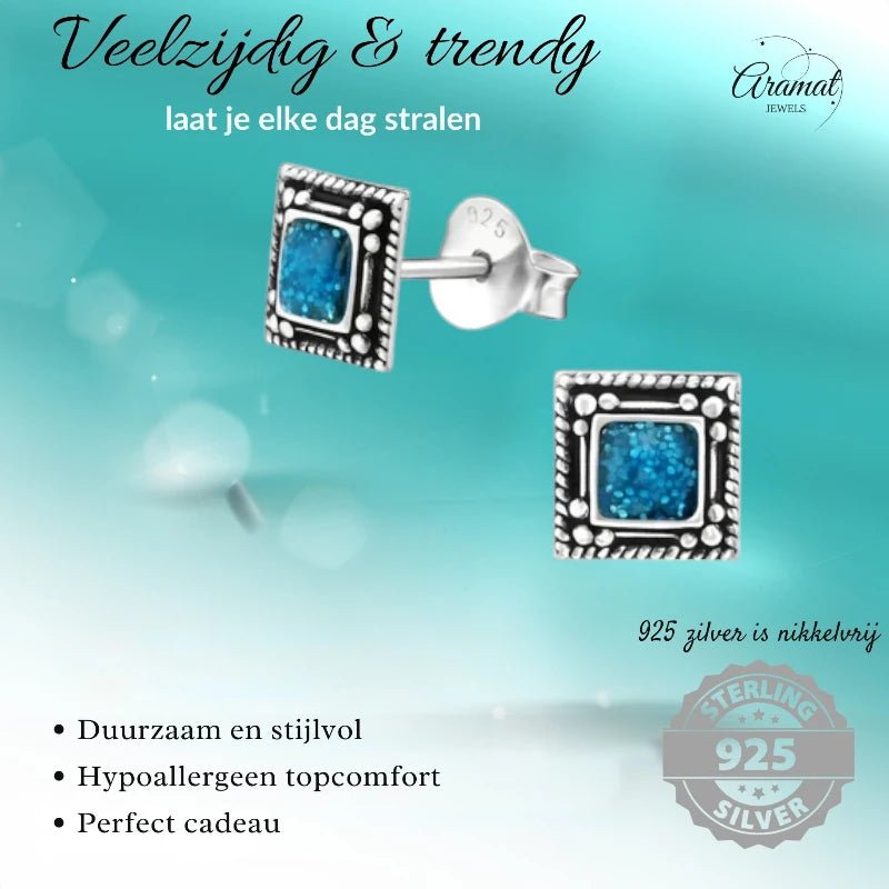 Oorstekers – Echt Zilver Bali Design Vierkant Blauw Emaille Glitter 6mm - Aramat Jewels - Oorbellen - cadeautip