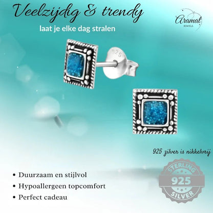 Oorstekers – Echt Zilver Bali Design Vierkant Blauw Emaille Glitter 6mm - Aramat Jewels - Oorbellen - cadeautip