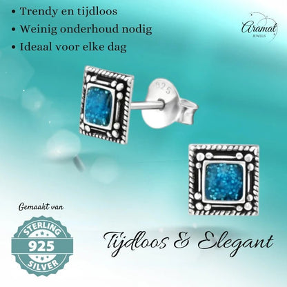Oorstekers – Echt Zilver Bali Design Vierkant Blauw Emaille Glitter 6mm - Aramat Jewels - Oorbellen - cadeautip