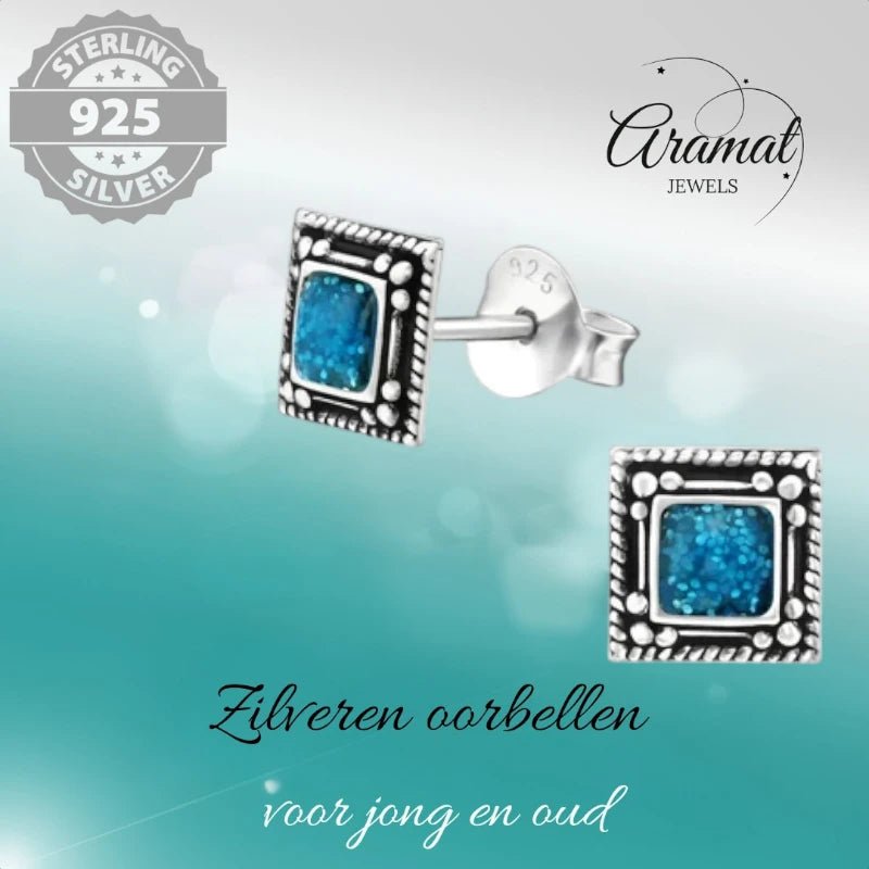 Oorstekers – Echt Zilver Bali Design Vierkant Blauw Emaille Glitter 6mm - Aramat Jewels - Oorbellen - cadeautip
