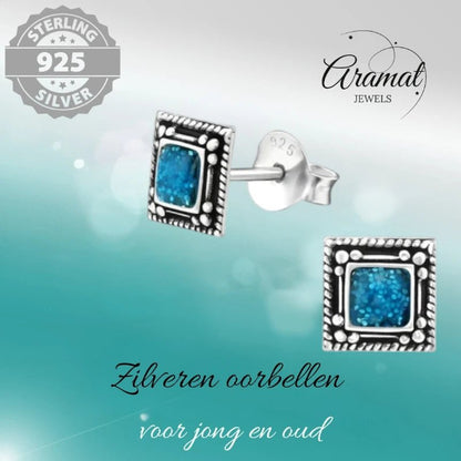 Oorstekers – Echt Zilver Bali Design Vierkant Blauw Emaille Glitter 6mm - Aramat Jewels - Oorbellen - cadeautip