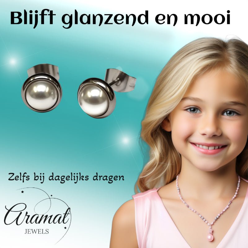 Oorstekers – Parel Wit Staal (8mm) - Aramat Jewels - Oorbellen - cadeautip