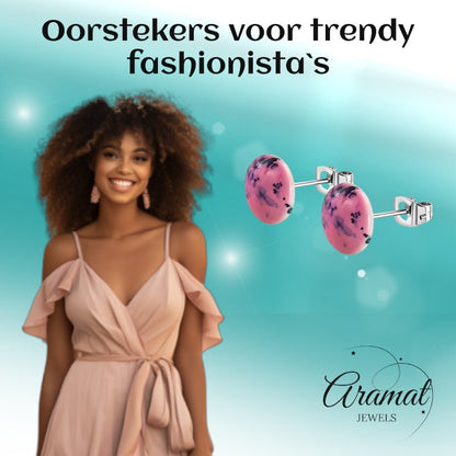 Oorstekers – RVS Roze Marmerlook Rond (12mm) - Aramat Jewels - Oorbellen - cadeautip