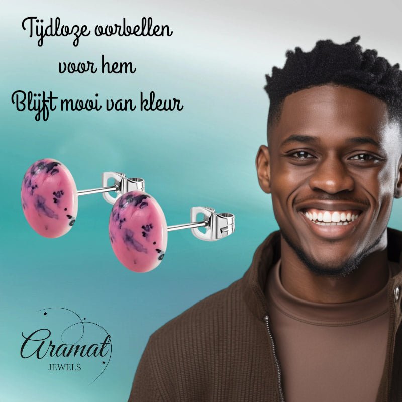 Oorstekers – RVS Roze Marmerlook Rond (12mm) - Aramat Jewels - Oorbellen - cadeautip
