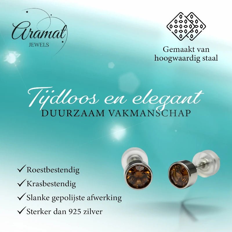 Oorstekers – Staal Kristal Bruin Zilverkleur (5mm) - Aramat Jewels - Oorbellen - cadeautip