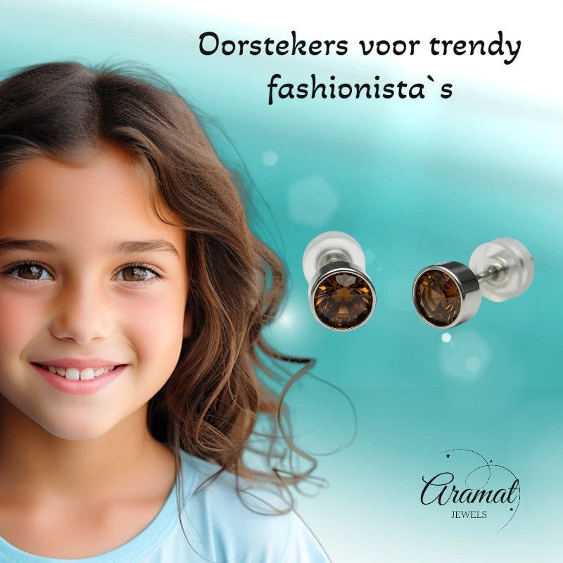 Oorstekers – Staal Kristal Bruin Zilverkleur (5mm) - Aramat Jewels - Oorbellen - cadeautip