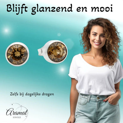 Oorstekers – Staal Kristal Bruin Zilverkleur (8mm) - Aramat Jewels - Oorbellen - cadeautip