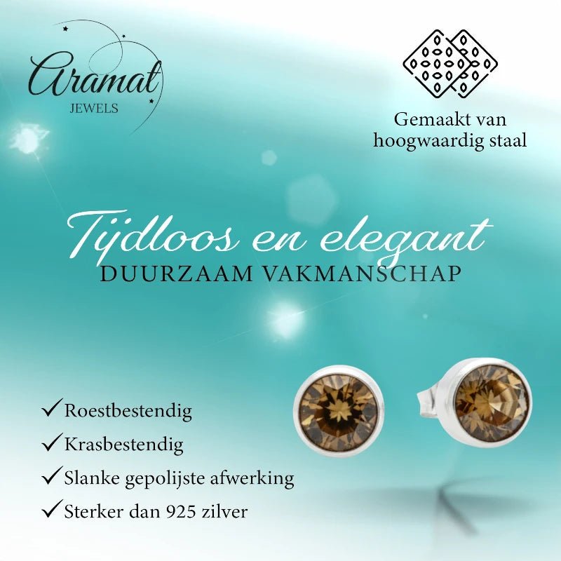 Oorstekers – Staal Kristal Bruin Zilverkleur (8mm) - Aramat Jewels - Oorbellen - cadeautip