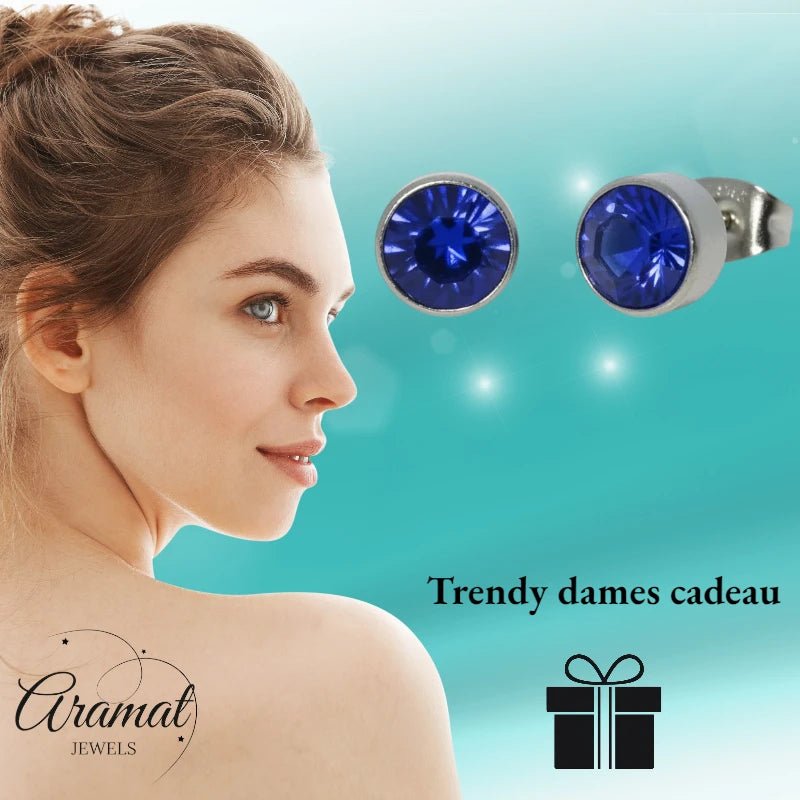 Oorstekers – Staal Kristal Donker Blauw Zilverkleur (7mm) - Aramat Jewels - Oorbellen - cadeautip
