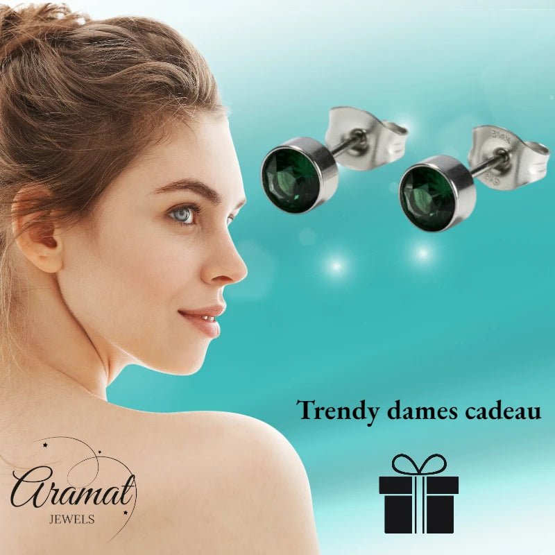 Oorstekers – Staal Kristal Donker Groen Zilverkleur (5mm) - Aramat Jewels - Oorbellen - cadeautip