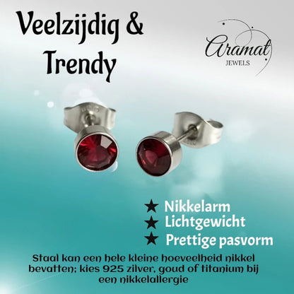 Oorstekers – Staal Kristal Rood Zilverkleur (5mm) - Aramat Jewels - Oorbellen - cadeautip