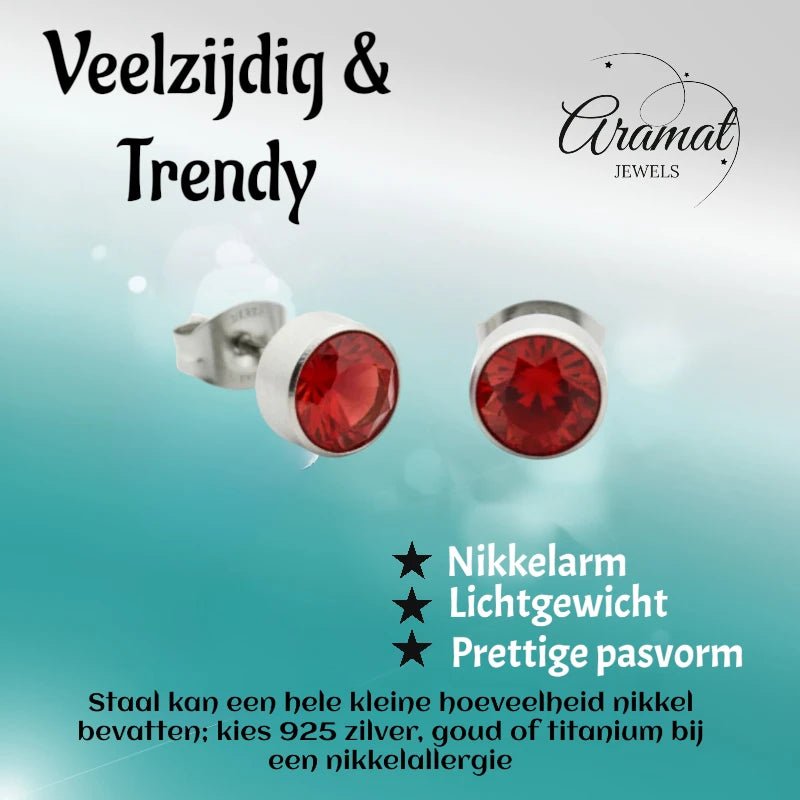 Oorstekers – Staal Kristal Rood Zilverkleur (7mm) - Aramat Jewels - Oorbellen - cadeautip